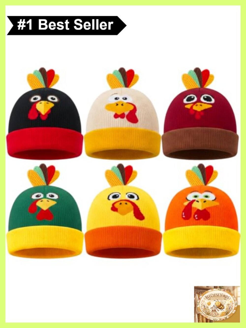 Turkey Knit Beanie Hats 6 Pack Adult Thanksgiving Costume